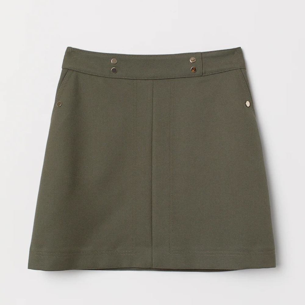 H&M dark army green khaki short zip up skirt gold accents snap pockets size 6